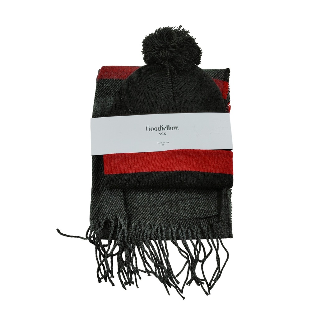 Goodfellow Co‎ Mens Knit Beanie Hat and Scarf Set Black Red Stripe Pom Pom